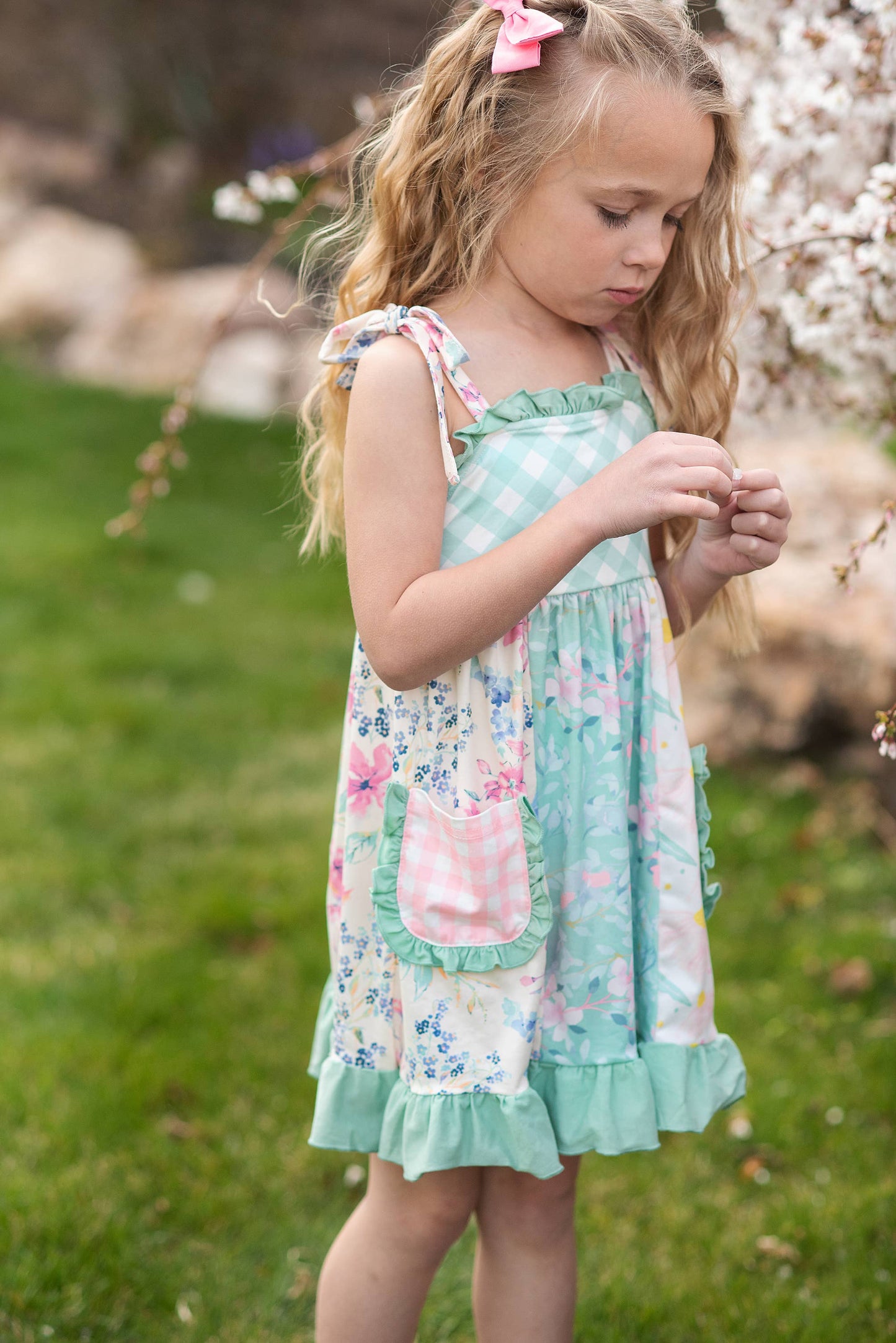 Girls' Mint Gingham Ruffle Pocket Dress