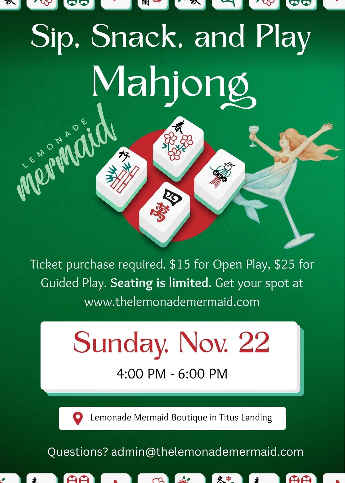 Sip, Snack, and Play Mahjong at Lemonade Mermaid Boutique