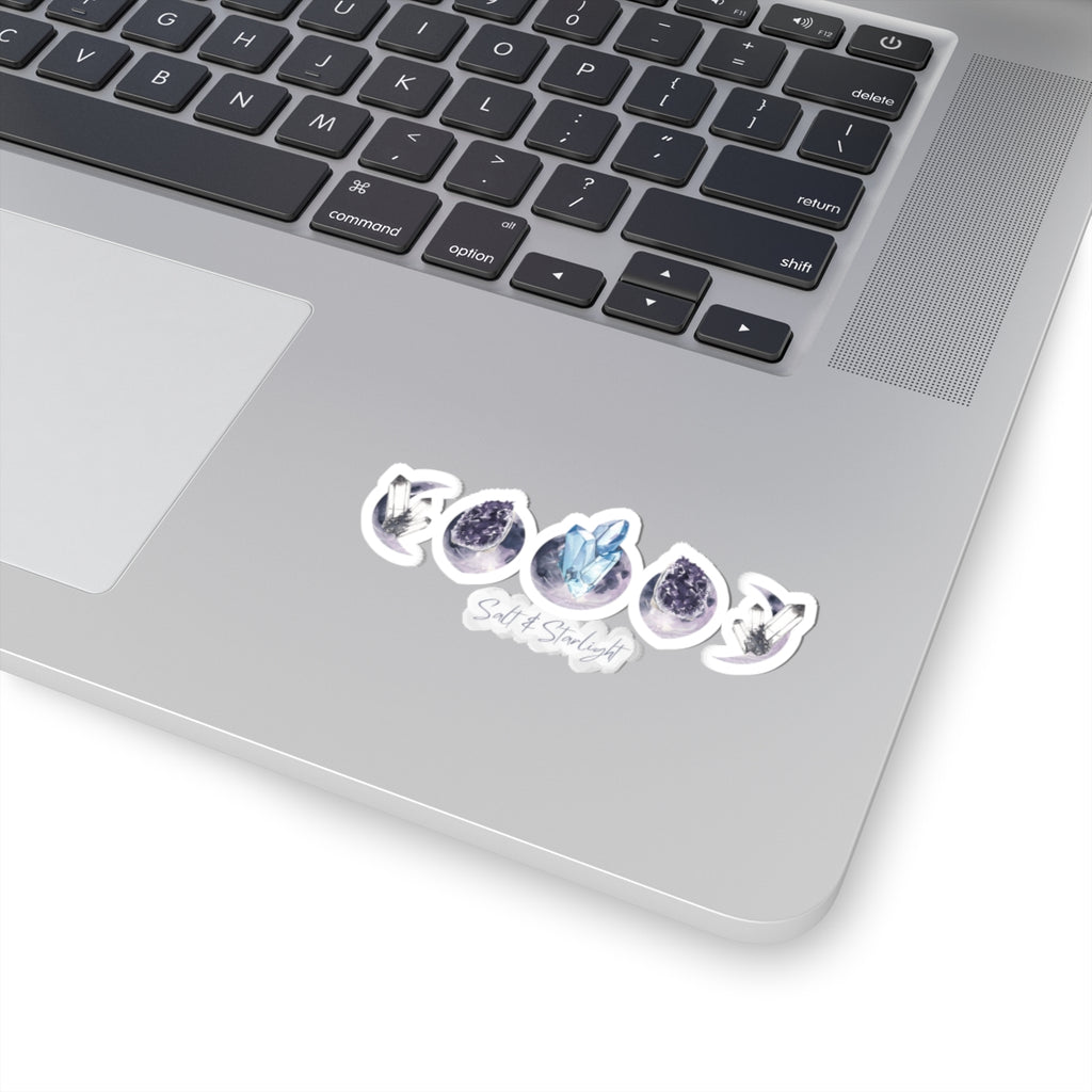 Salt & Starlight kiss-cut sticker with crystal moon phase design, shown on a laptop