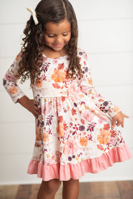 Girls' Pink, Coral Vintage Floral Ruffle Dress