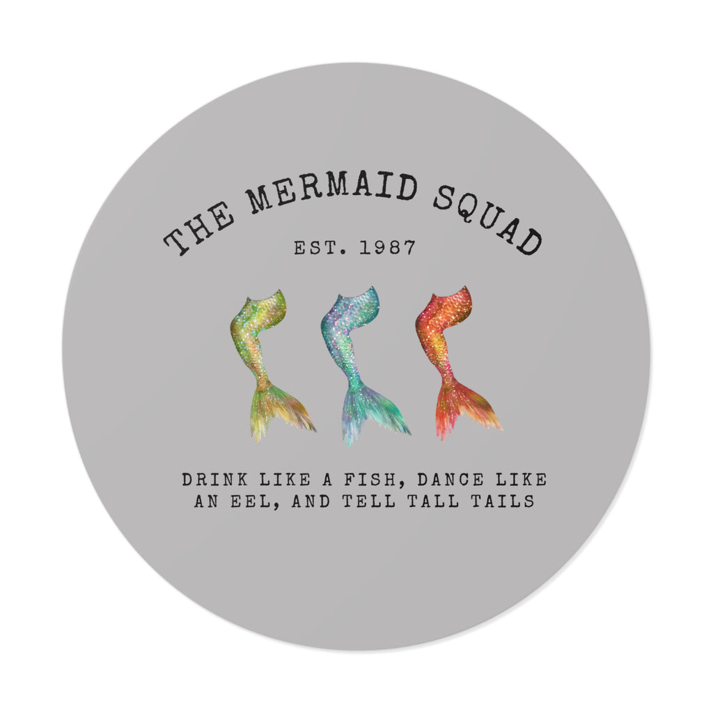 The Mermaid Squad round vinyl sticker in grey, front view