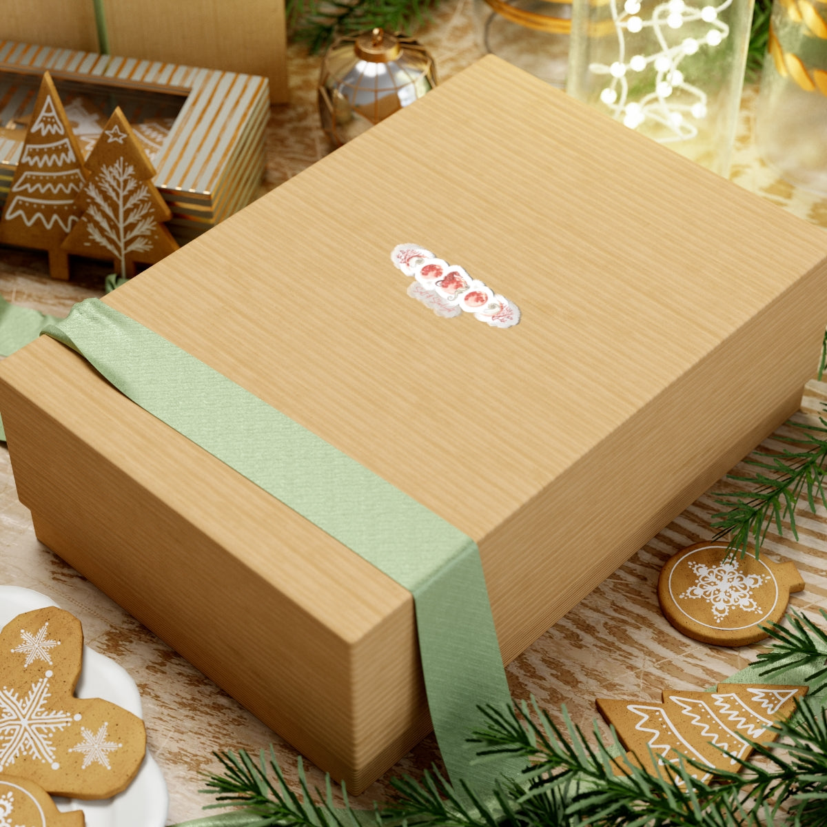 Salt & Starlight kiss-cut sticker with seahorse and coral moon phase design, shown on a gift box, small size