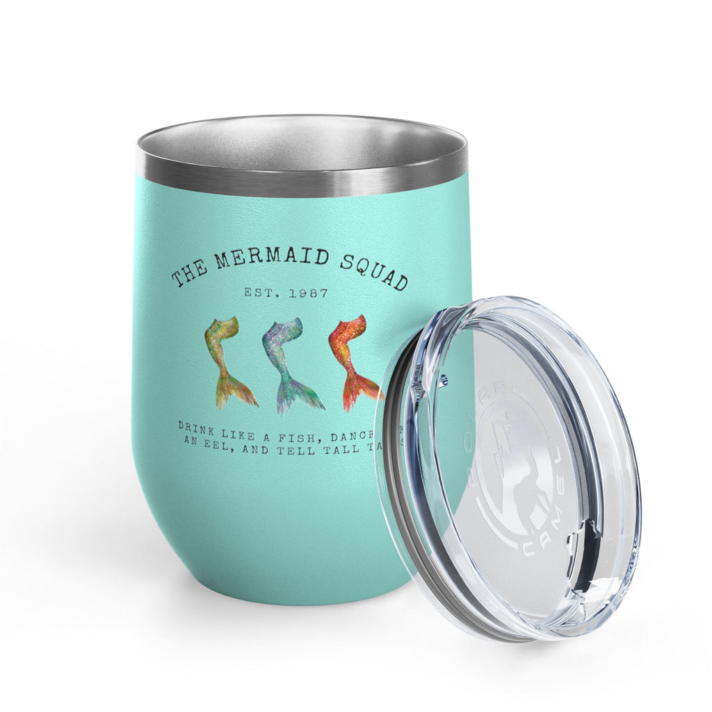 The Mermaid Squad 12oz wine tumbler in teal, front view with lid removed