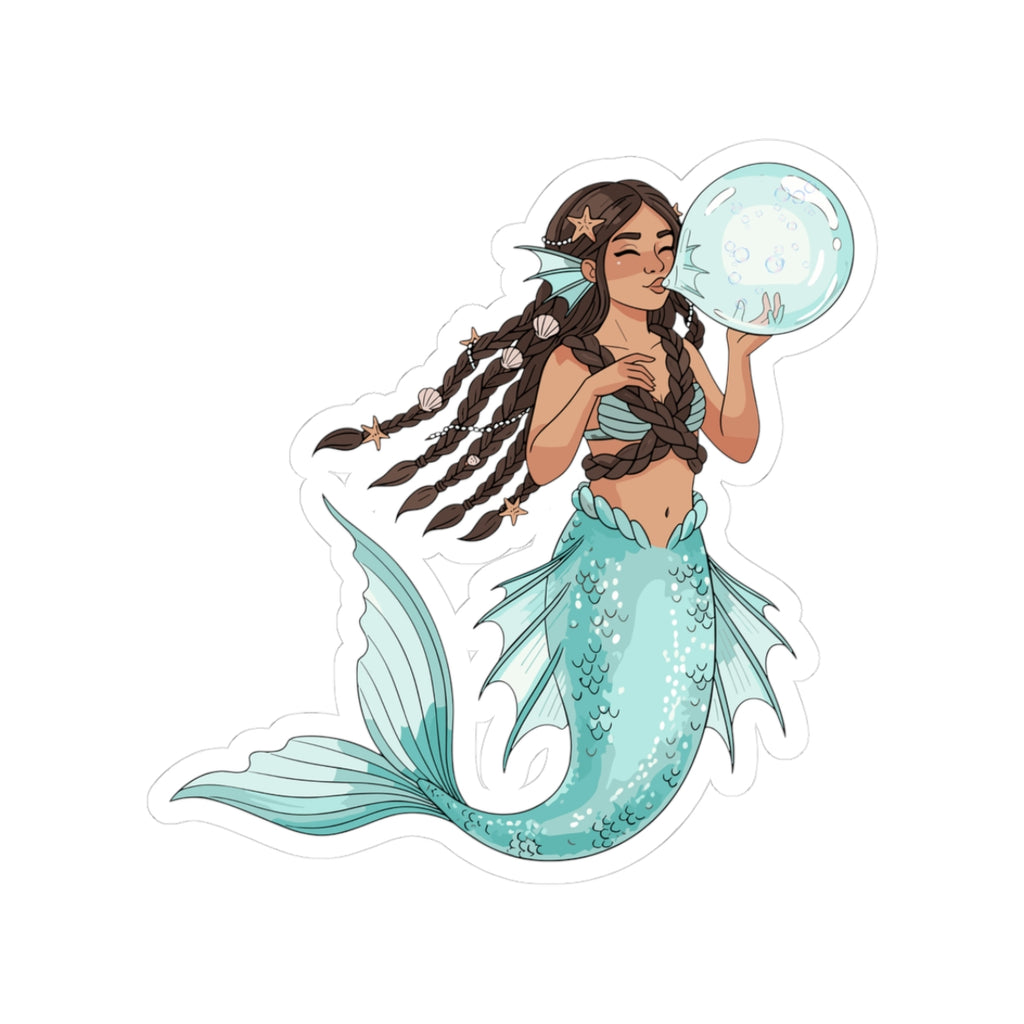 Mermaid with Bubble Kiss-Cut Sticker — Teal Fantasy Ocean Decal