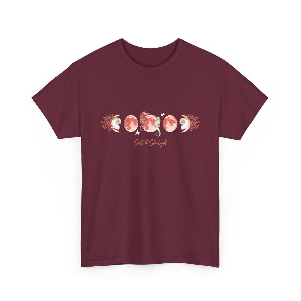 Salt & Starlight heavy cotton tee in maroon, front view