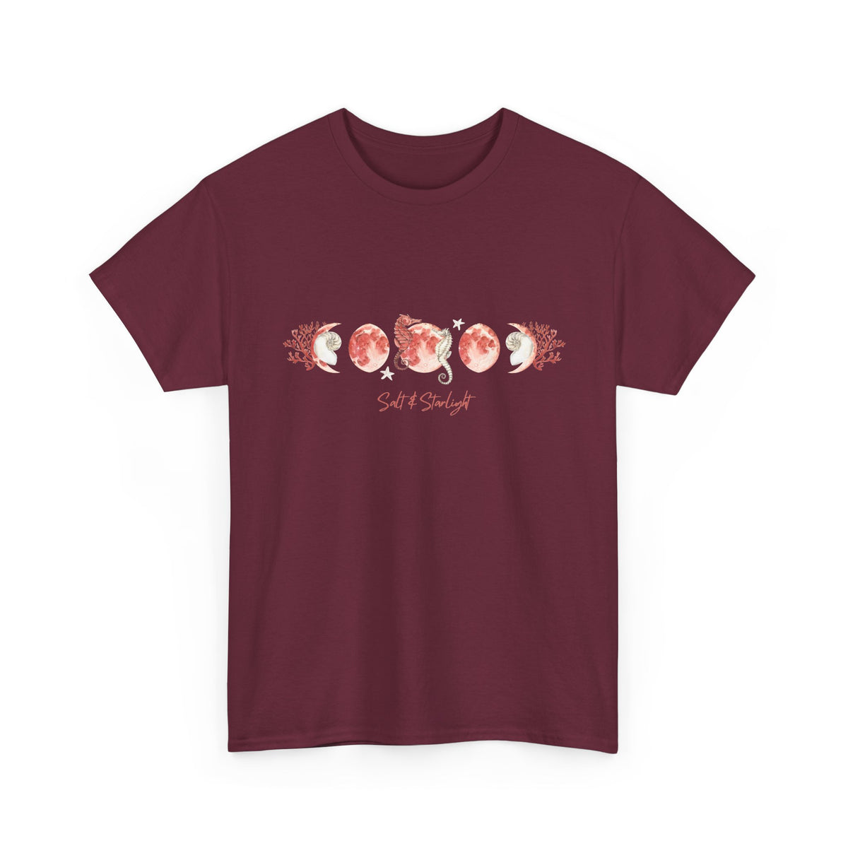 Salt & Starlight heavy cotton tee in maroon, front view