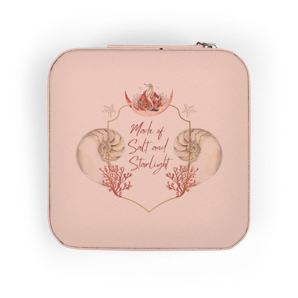 Salt & Starlight jewelry travel case in pink, front view with shell and coral design