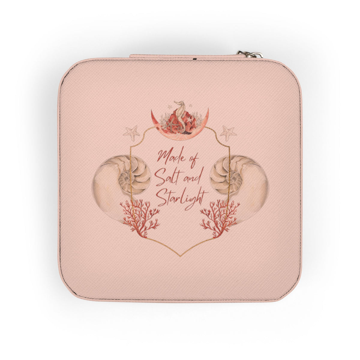 Salt & Starlight jewelry travel case in pink, front view with shell and coral design