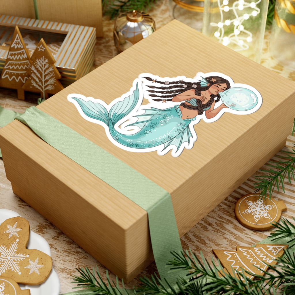 Mermaid with Bubble Kiss-Cut Sticker — Teal Fantasy Ocean Decal