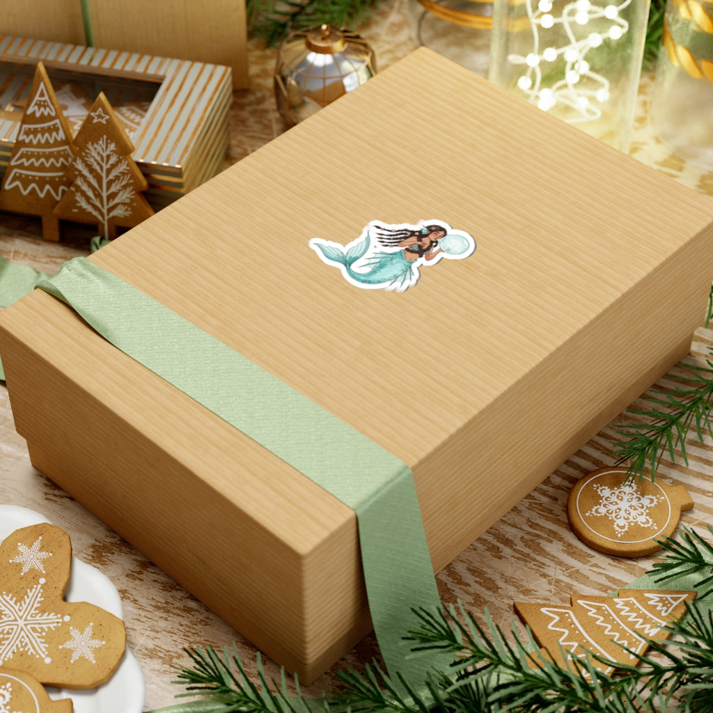 Mermaid with Bubble Kiss-Cut Sticker — Teal Fantasy Ocean Decal