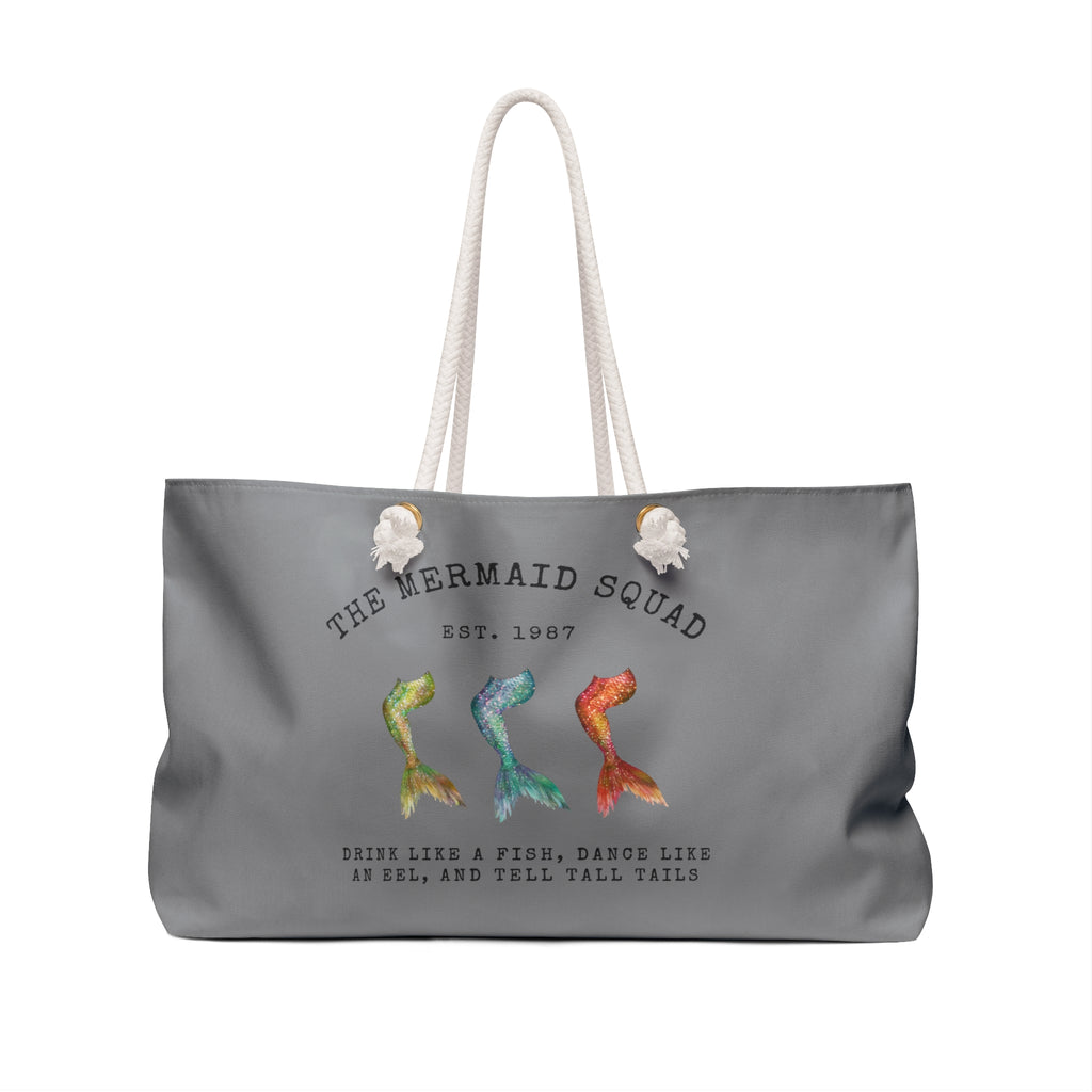 The Mermaid Squad oversized weekender bag in grey, front view, alternate angle