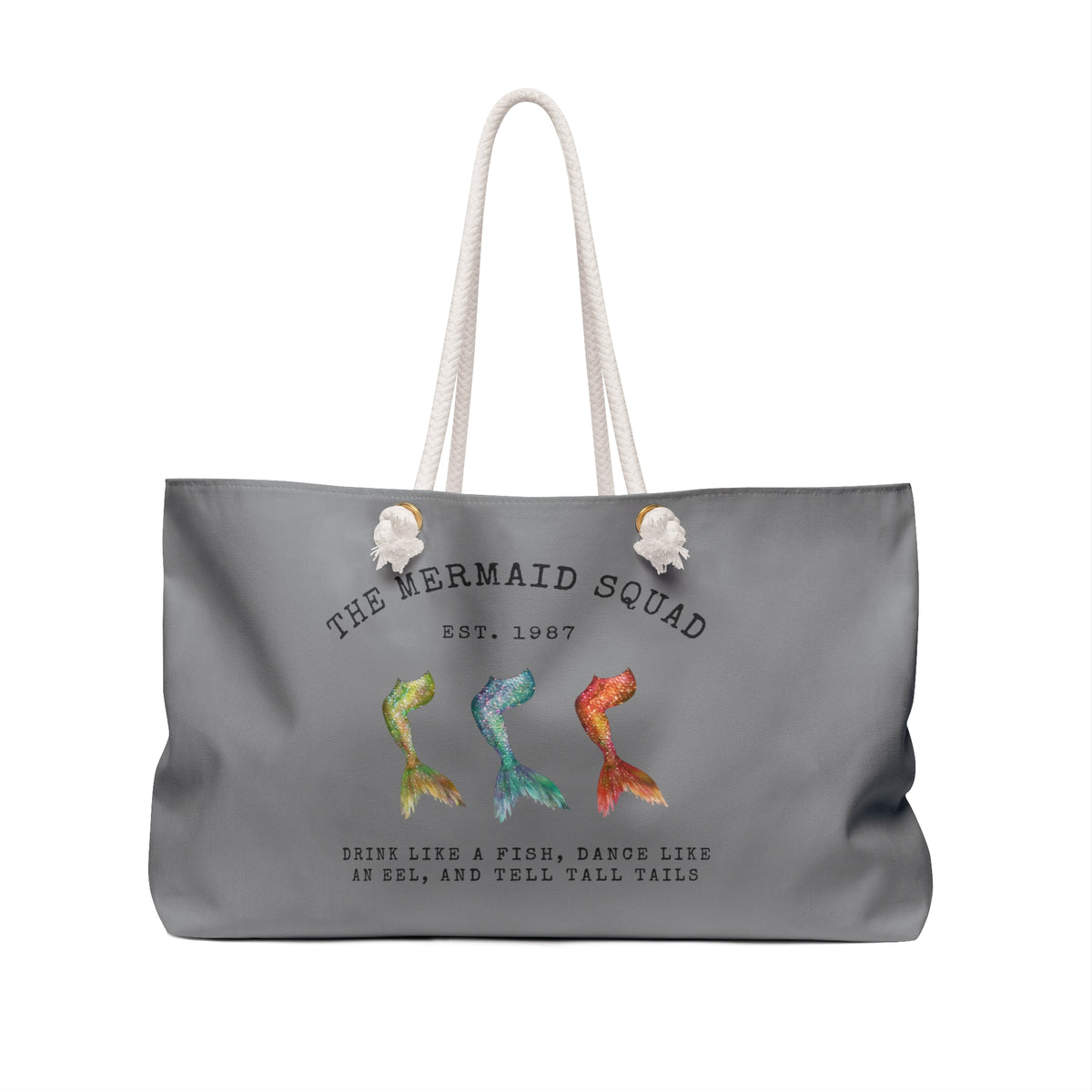 The Mermaid Squad oversized weekender bag in grey, front view, alternate angle