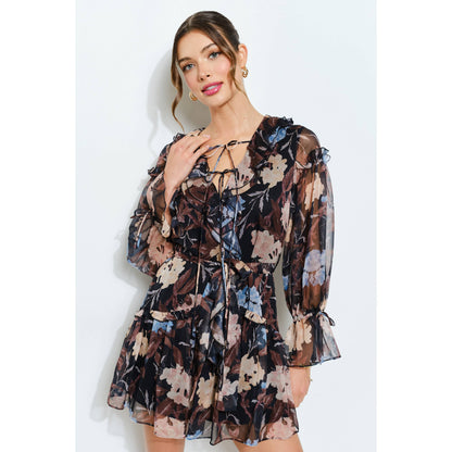 Cream Floral Print Frill Chiffon Wrap Mini Dress