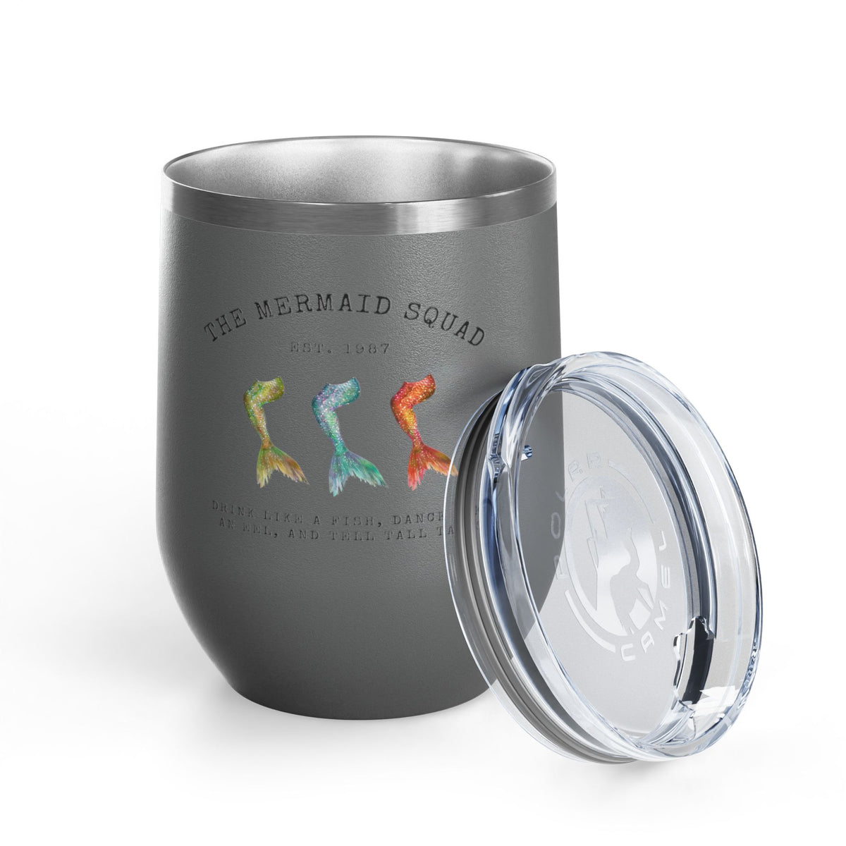 The Mermaid Squad 12oz wine tumbler in iron gray, front view with lid removed