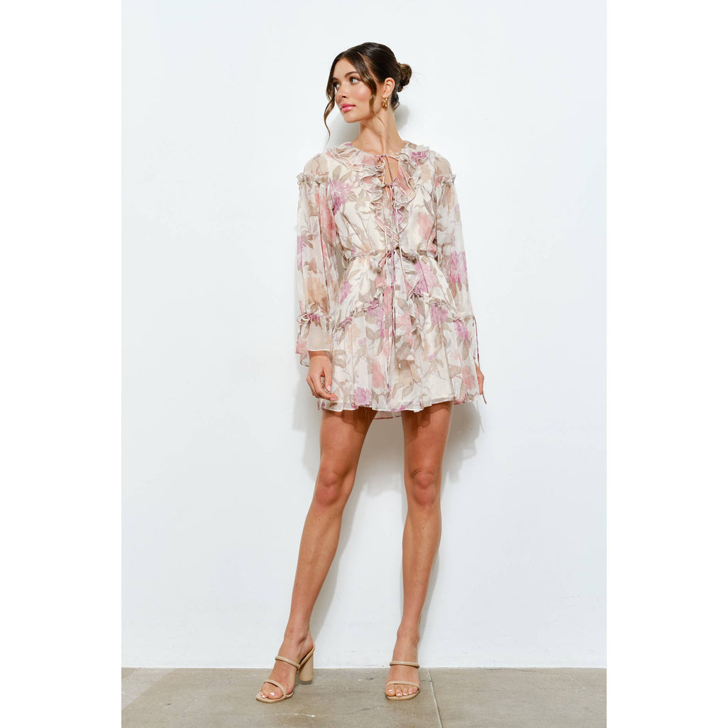 Floral Print Frill Chiffon Wrap Mini Dress (2 Colors)
