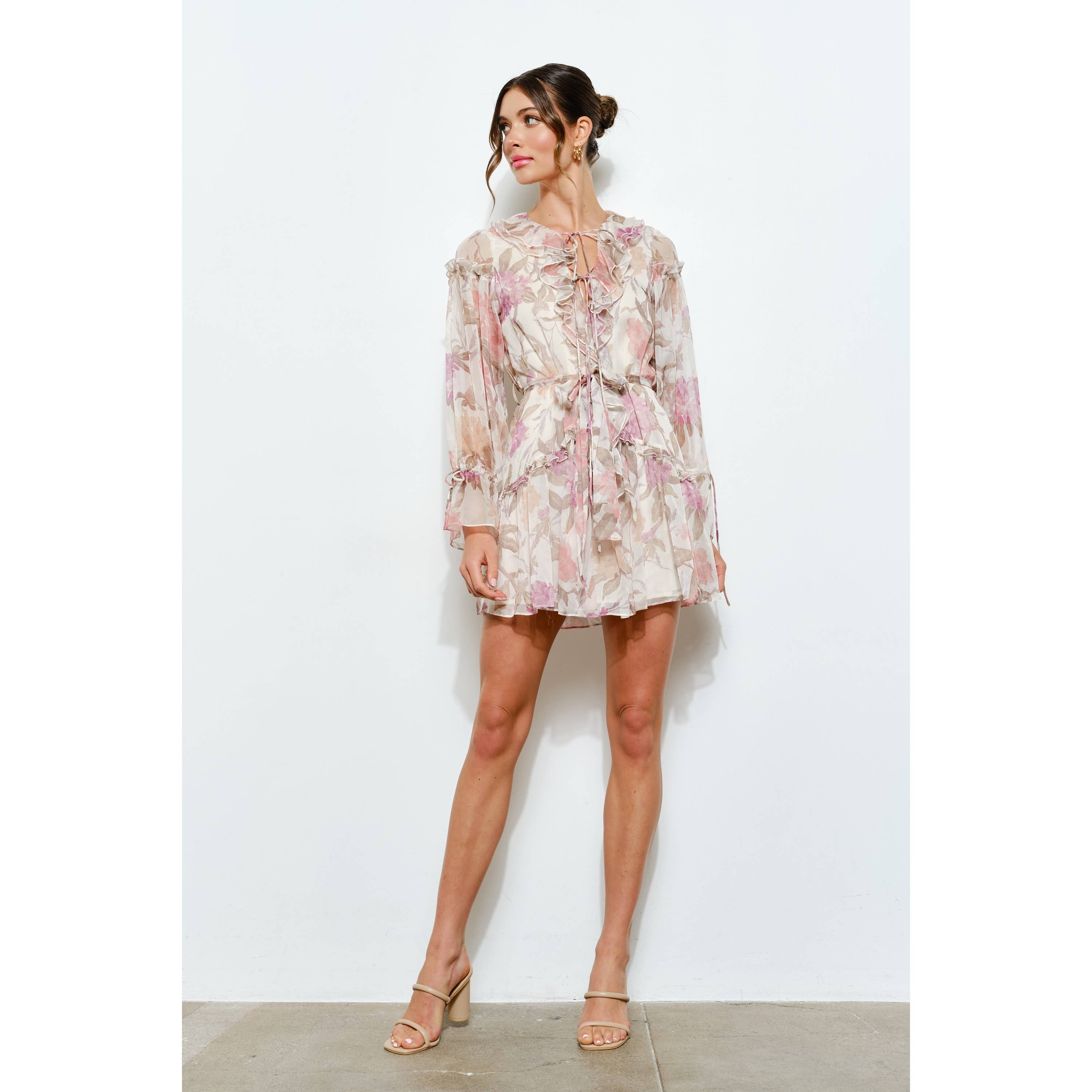 Floral Print Frill Chiffon Wrap Mini Dress (2 Colors)