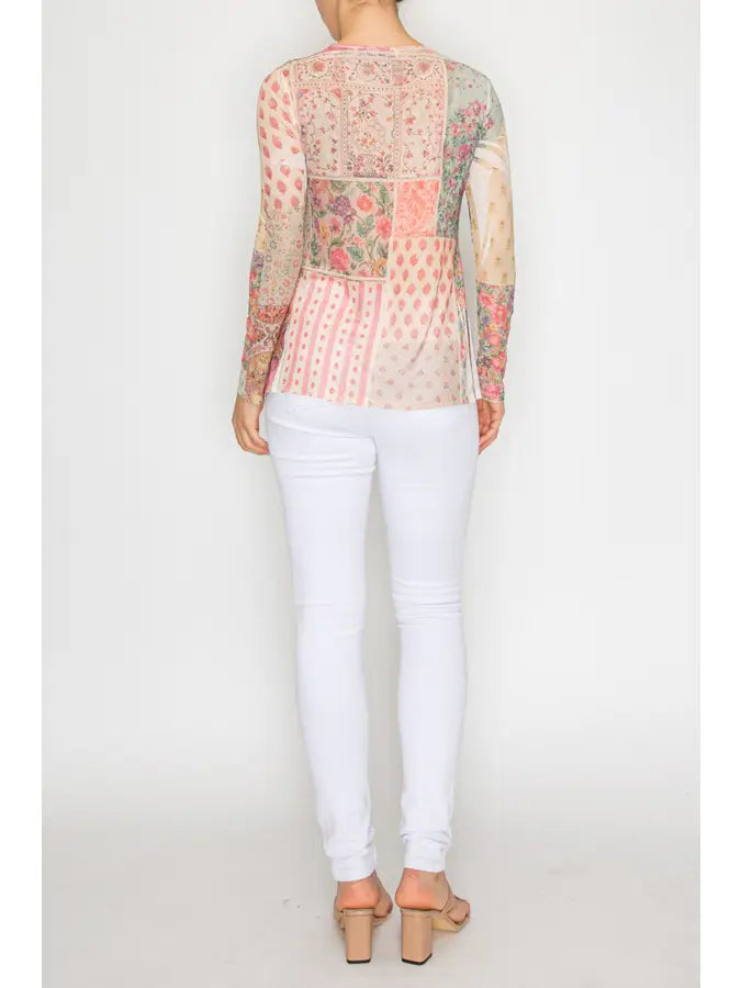 Origami Floral Patchwork Mesh Top
