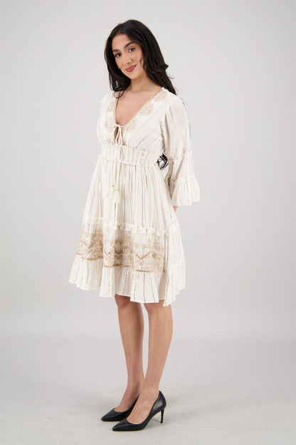 Boho Long-Sleeve Tassel Midi Dress