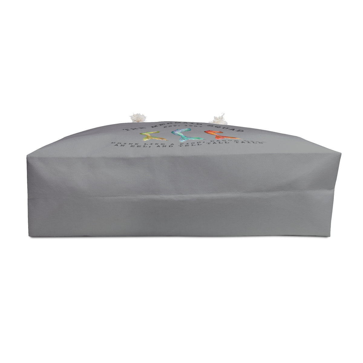 The Mermaid Squad oversized weekender bag in grey, bottom view showing flat base