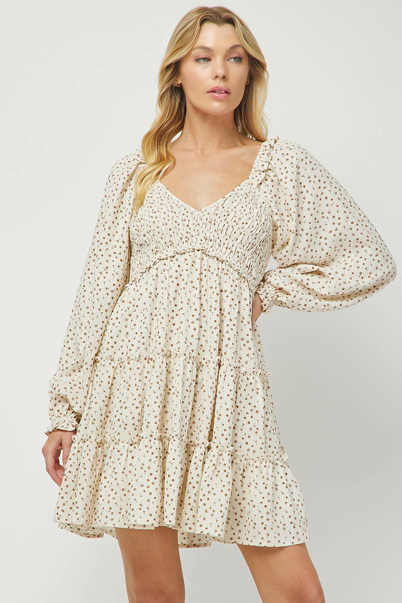 NEW: 70s Floral Smocked Tiered Mini Dress