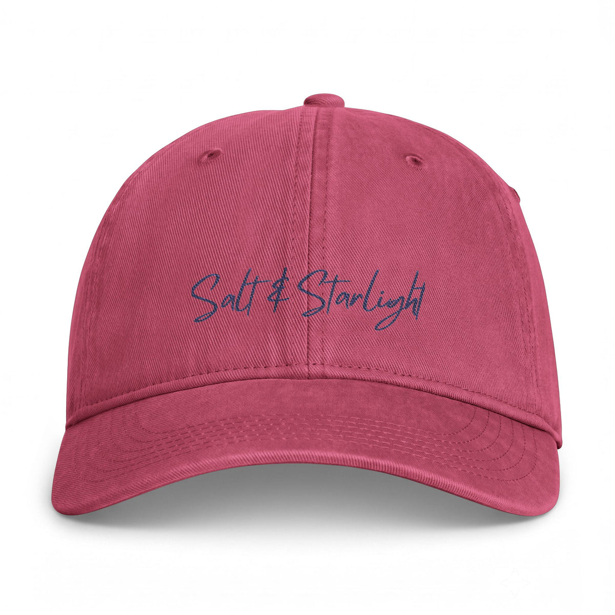 Salt & Starlight washed cap in crimson, front view with embroidered script
