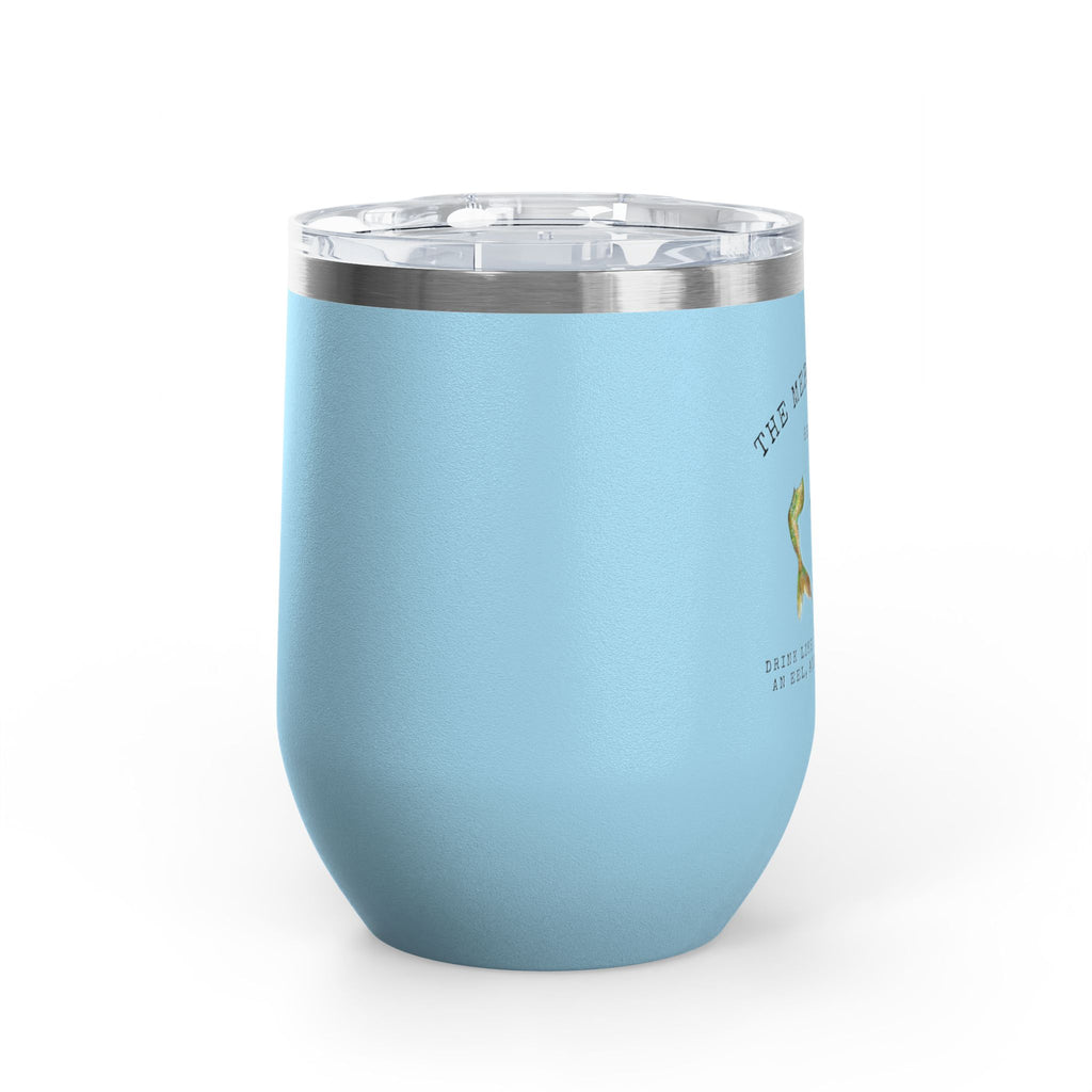 The Mermaid Squad 12oz wine tumbler in light blue, side view, alternate angle