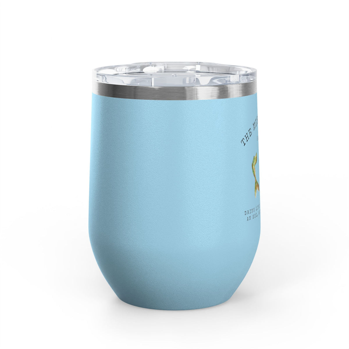 The Mermaid Squad 12oz wine tumbler in light blue, side view, alternate angle