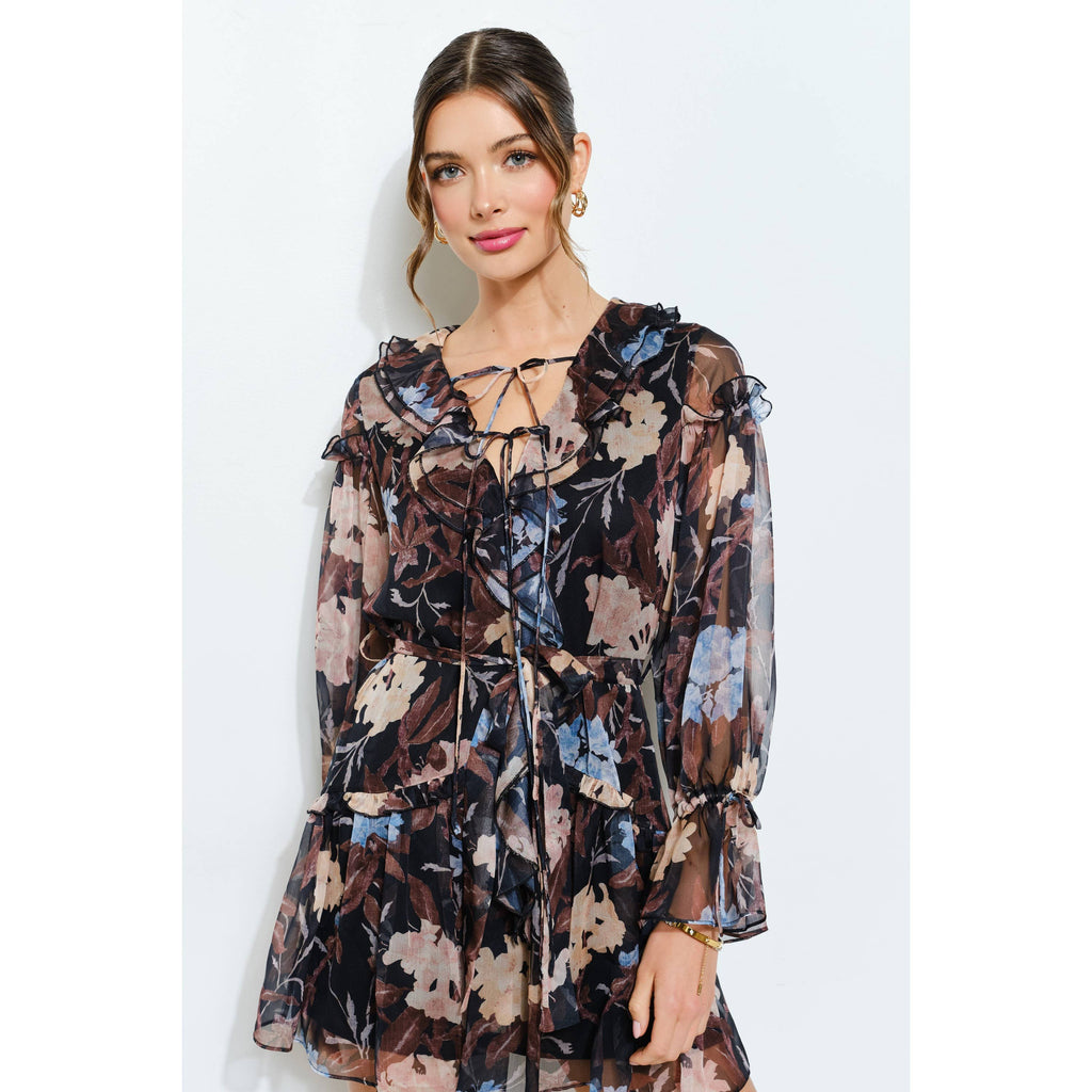 Floral Print Frill Chiffon Wrap Mini Dress (2 Colors)