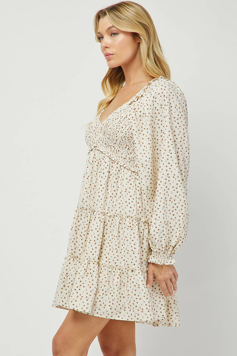 NEW: 70s Floral Smocked Tiered Mini Dress