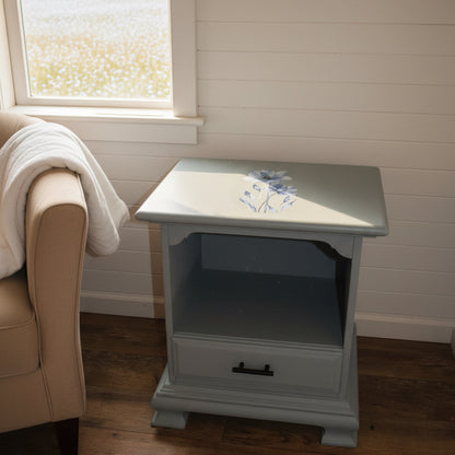 Blue Gray end table with floral decor