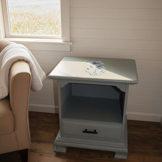 Blue Gray end table with floral decor