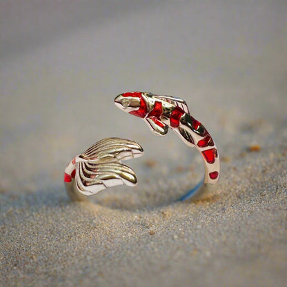 Red and Silver Striped Fish Ring, Sterling Silver-Plated