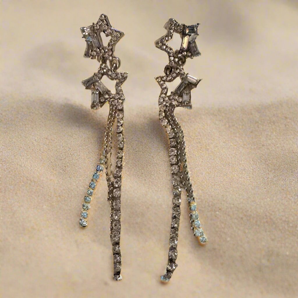 Double Star Drop Silver Earrings