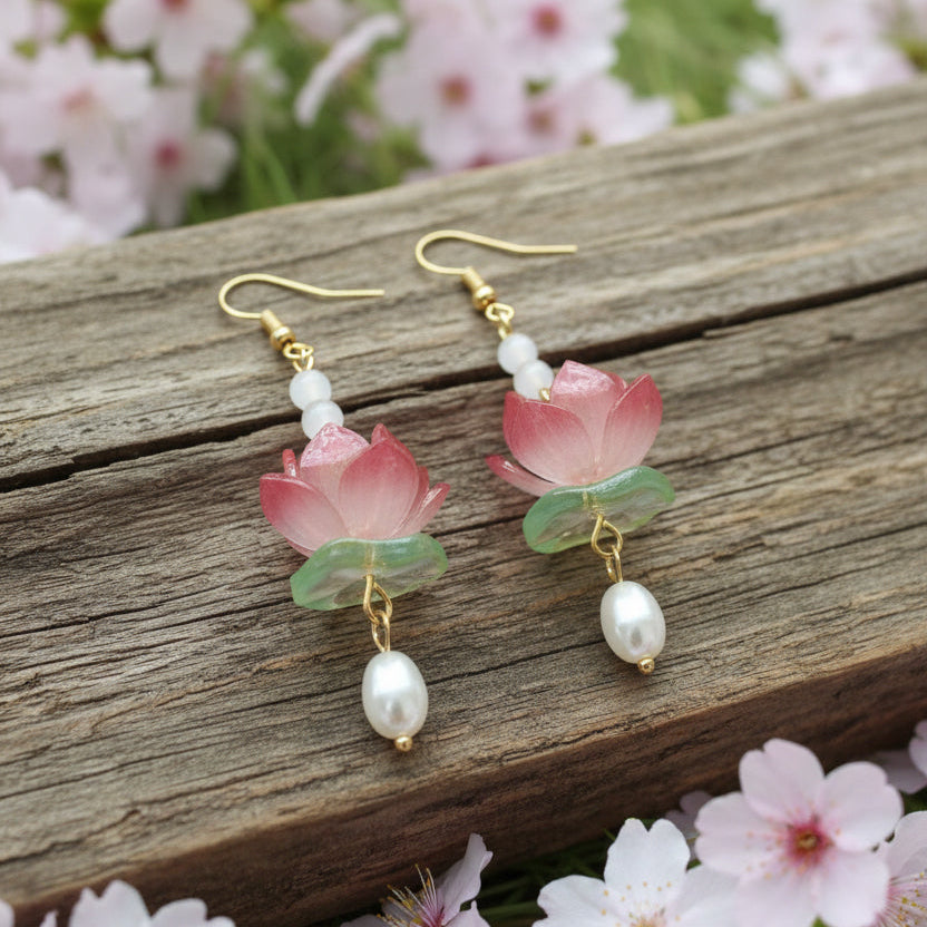 Soft Pink Flower Earrings with 'Pearl' Accents
