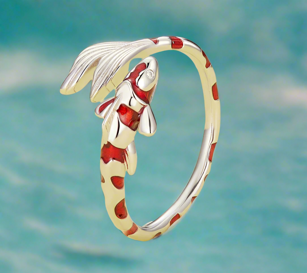 Red and Silver Striped Fish Ring, Sterling Silver-Plated - Lemonade Mermaid