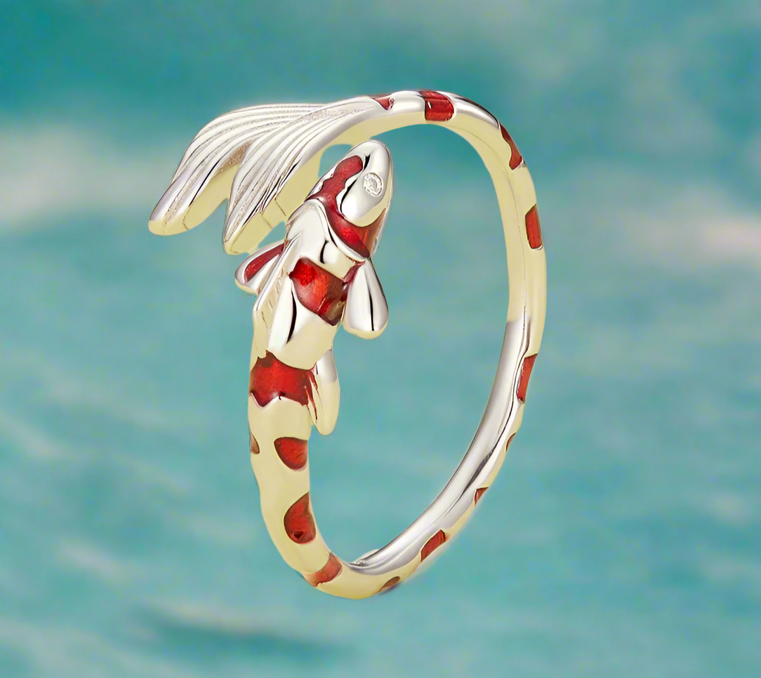 Red and Silver Striped Fish Ring, Sterling Silver-Plated