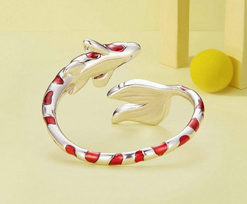 Red and Silver Striped Fish Ring, Sterling Silver-Plated - Lemonade Mermaid
