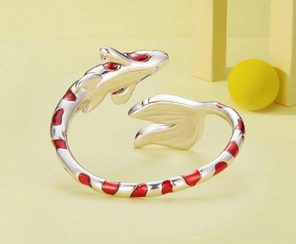 Red and Silver Striped Fish Ring, Sterling Silver-Plated