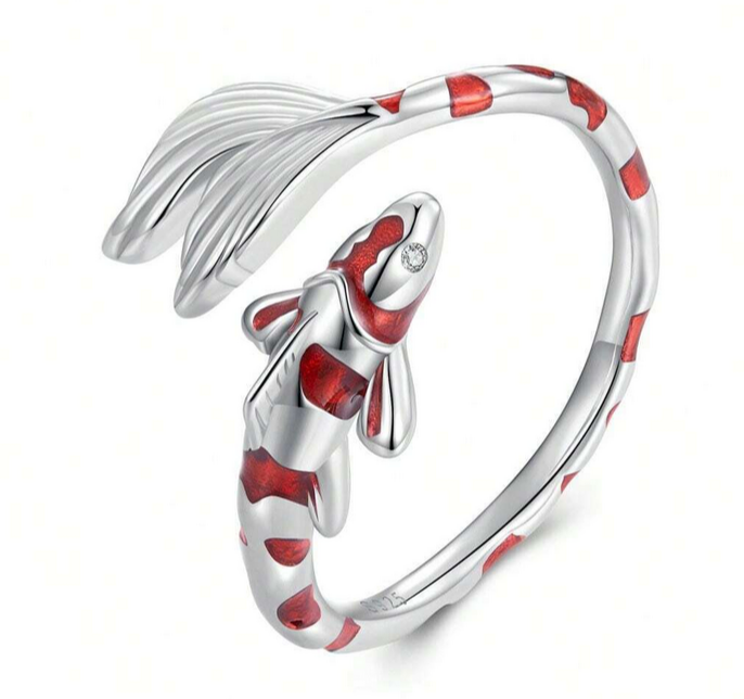 Red and Silver Striped Fish Ring, Sterling Silver-Plated - Lemonade Mermaid