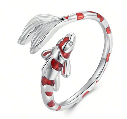 Red and Silver Striped Fish Ring, Sterling Silver-Plated