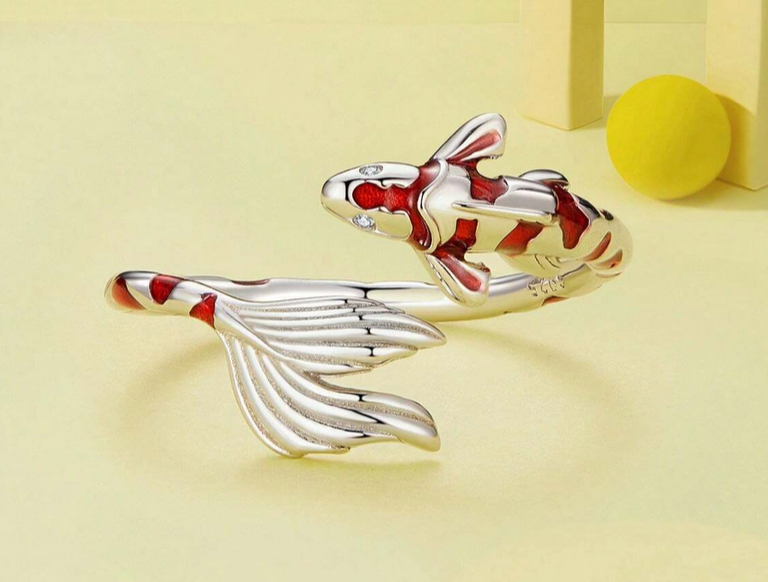 Red and Silver Striped Fish Ring, Sterling Silver-Plated - Lemonade Mermaid