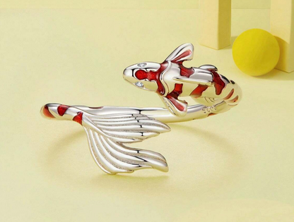 Red and Silver Striped Fish Ring, Sterling Silver-Plated