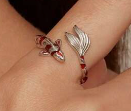 Red and Silver Striped Fish Ring, Sterling Silver-Plated