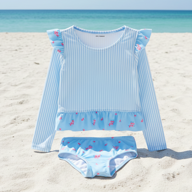 Blue Stripe Rash Guard Swimsuit - Lemonade Mermaid