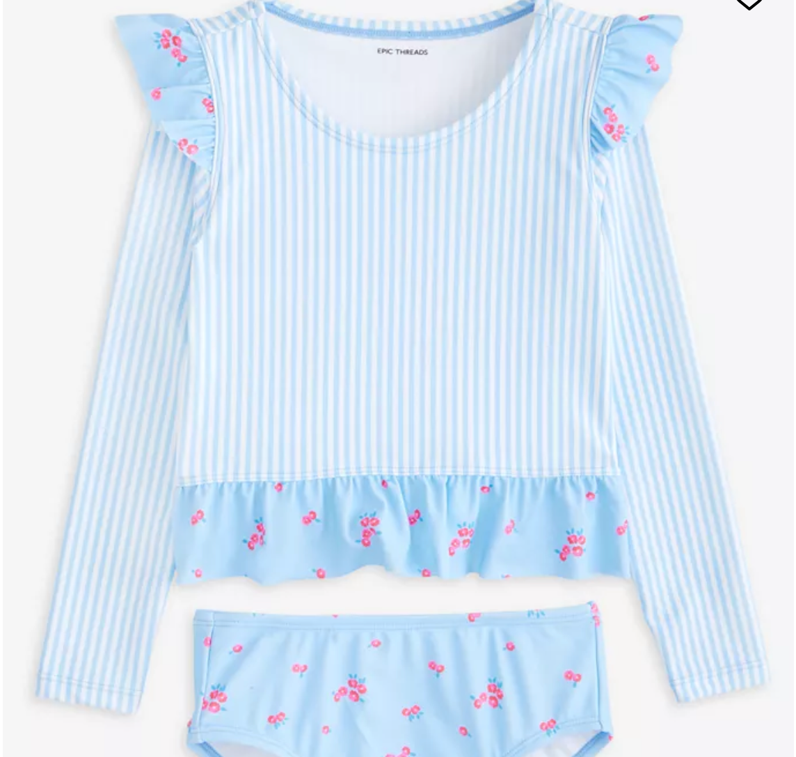 Girls Blue Striped Rash Guard Swimsuit