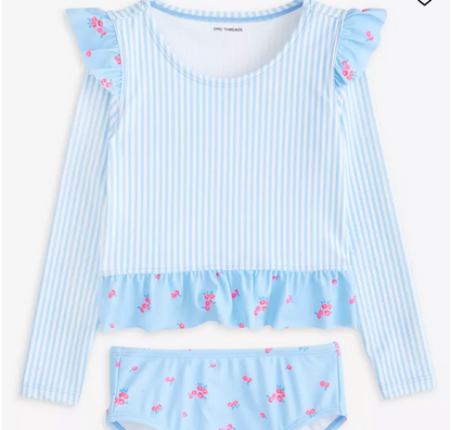 Girls Blue Striped Rash Guard Swimsuit