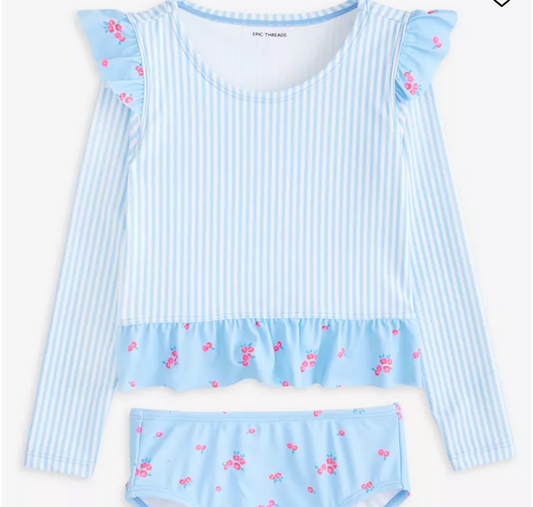 Girls Blue Striped Rash Guard Swimsuit