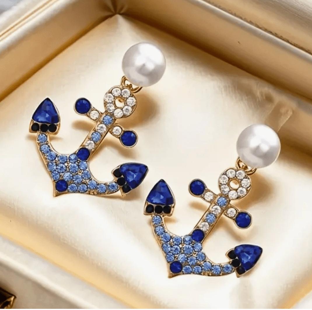 Blue Anchor Rhinestone Earrings