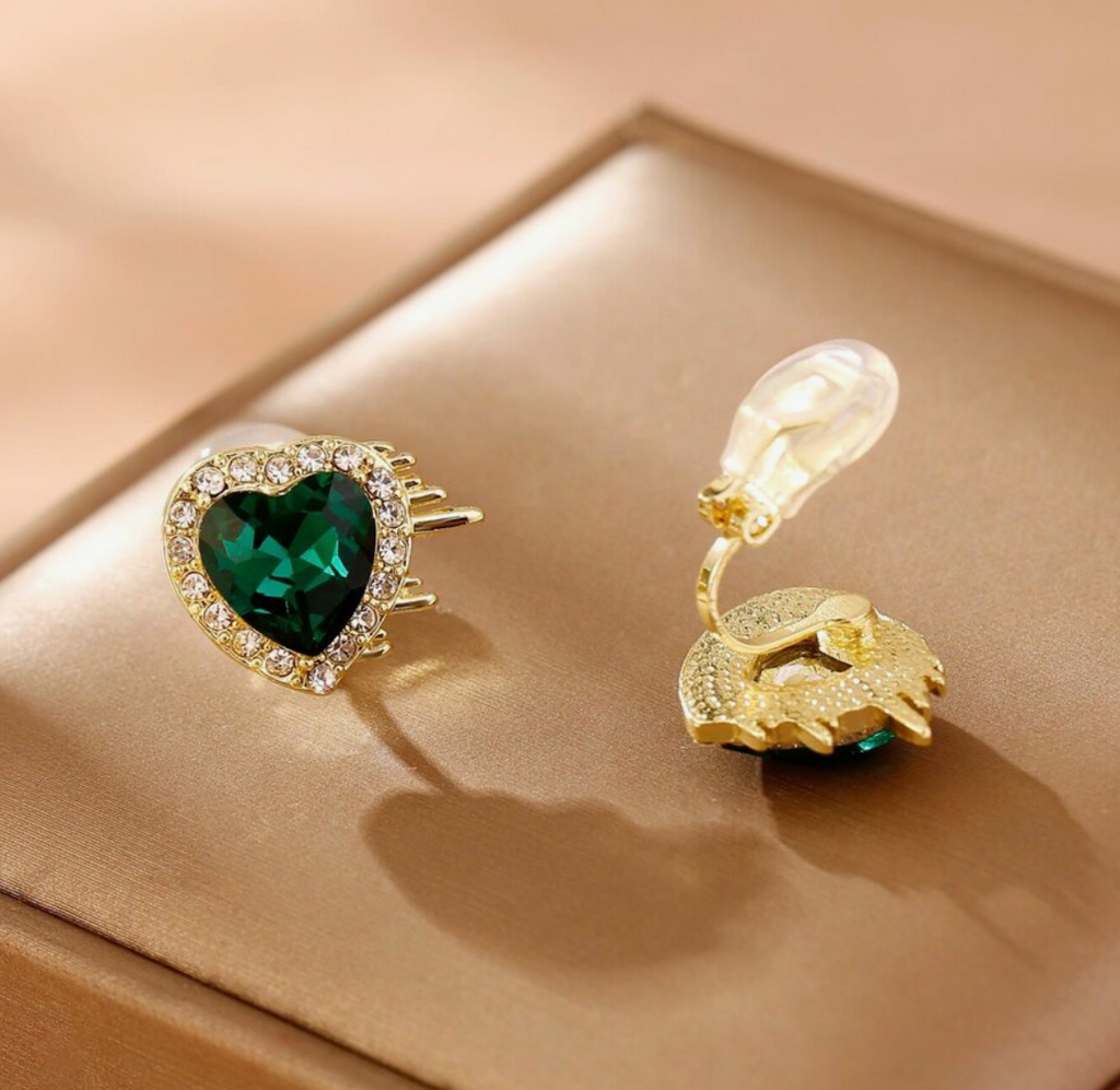 Emerald Heart Earrings (Clip-Ons)