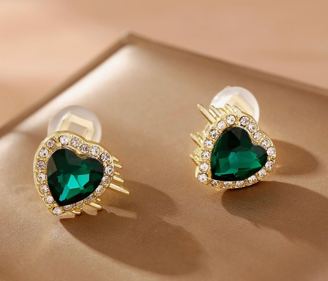 Emerald Heart Earrings (Clip-Ons)